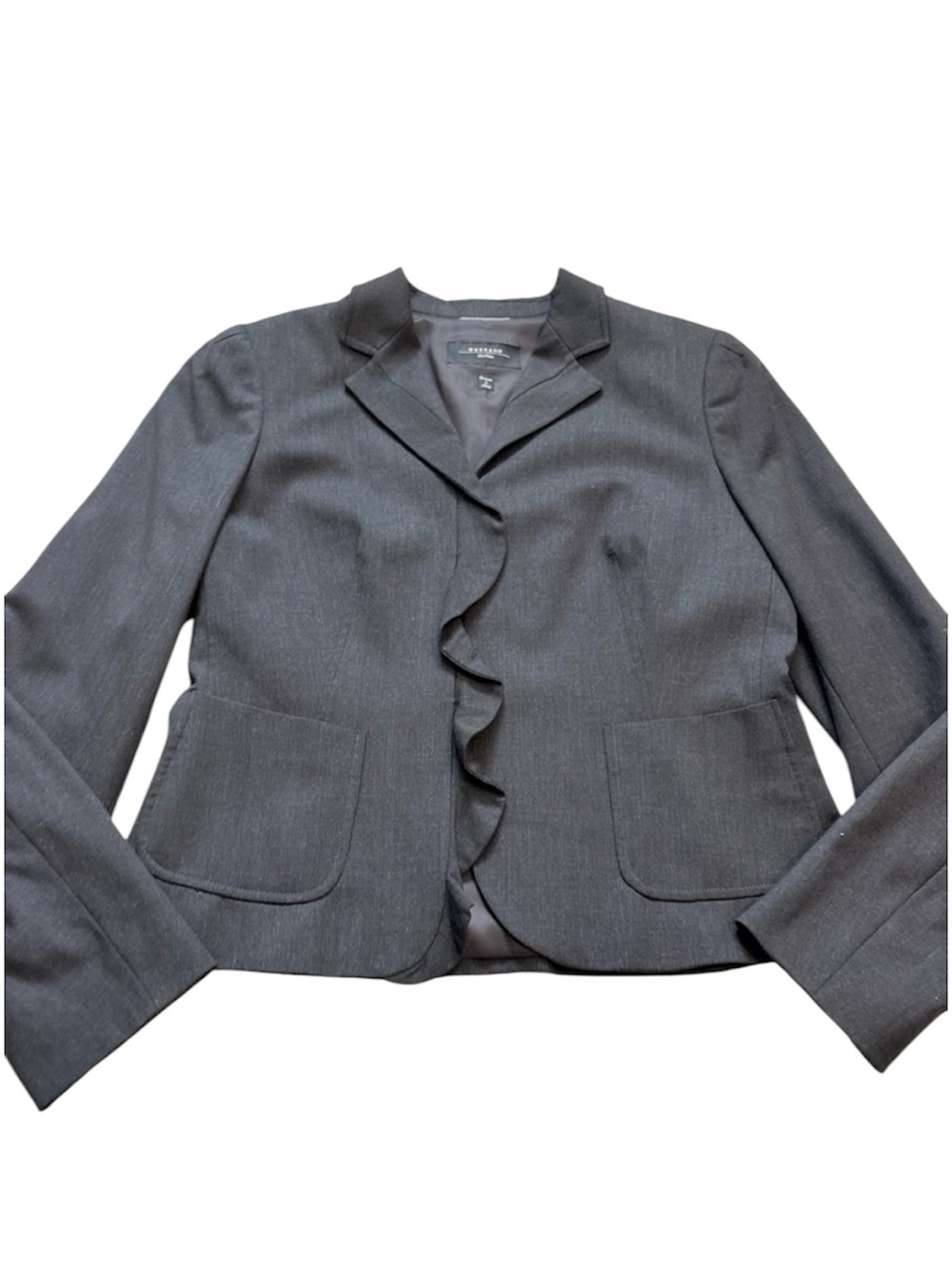 Max Mara Weekend Gray Virgin Wool Blend Ruffle Front Blazer Jacket Size 14